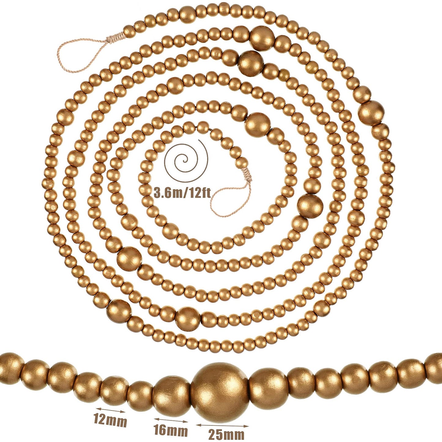 12 Feet Summer Christmas Wooden Beads Garland Round Craft Farmhouse Vintage Christmas in July Wood Bead Garlands for Xmas Supplies(Gold)