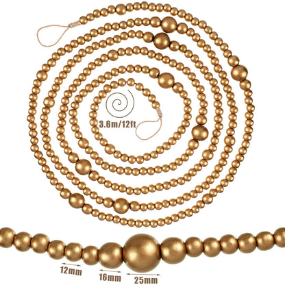 12 Feet Summer Christmas Wooden Beads Garland Round Craft Farmhouse Vintage Christmas in July Wood Bead Garlands for Xmas Supplies(Gold)