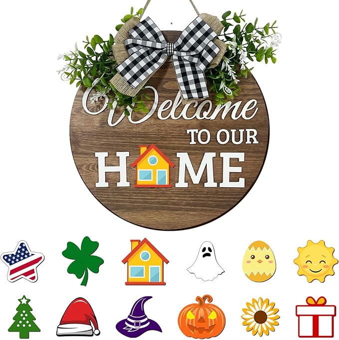 Interchangeable Seasonal Welcome Sign Front Door Decoration, Rustic Round Wood Wreaths Wall Hanging Outdoor Decor for Spring Summer Autumn and Winter All Seasons Holiday Halloween Christmas