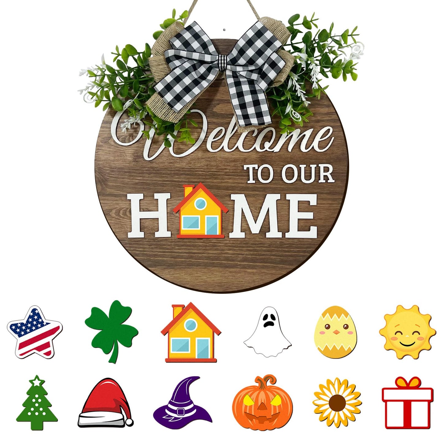VPDTVK Interchangeable Seasonal Welcome Sign Front Door Decoration, Rustic Round Wood Wreaths Wall Hanging Outdoor Decor for Spring Summer Autumn and Winter All Seasons Holiday Halloween Christmas