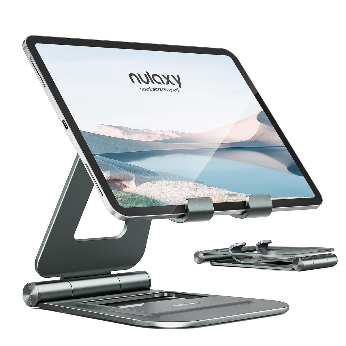 Nulaxy Aluminum Dual Foldable iPad Stand, Fully Adjustable Desktop Tablet Holder, Tablet Accessories for Office Kindle Compatible with Mobile Devices iPad Pro/Air/Mini, iPhone Pro/Max/Plus, Gray