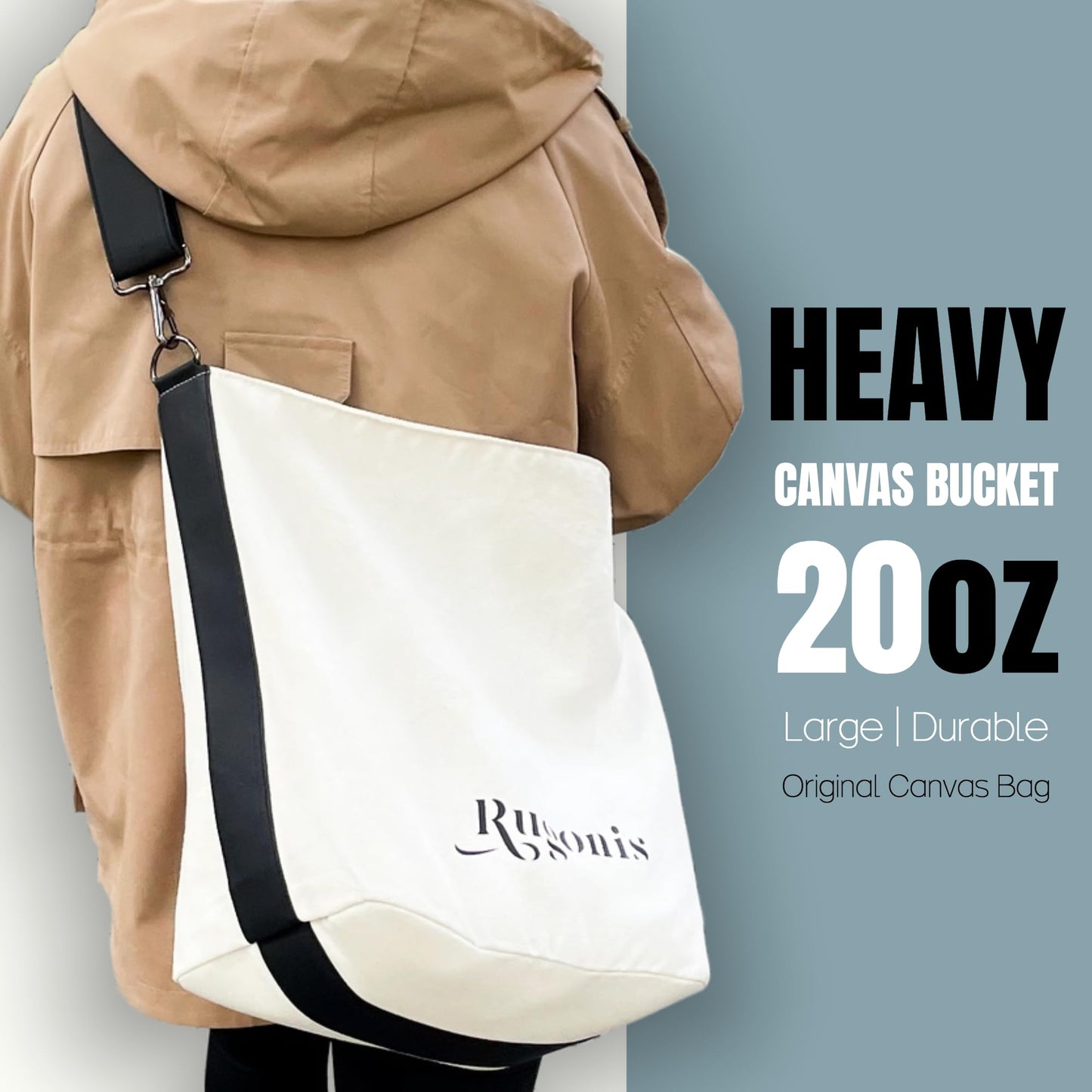 Rugonis Heavy Duty Canvas Bucket Bag for Women & Men - 25L Large Capacity Waterproof Tote with Detachable Wide Padded Strap, Grocery Shopping, Travel, Commute, RV Organizer, 20oz Canvas