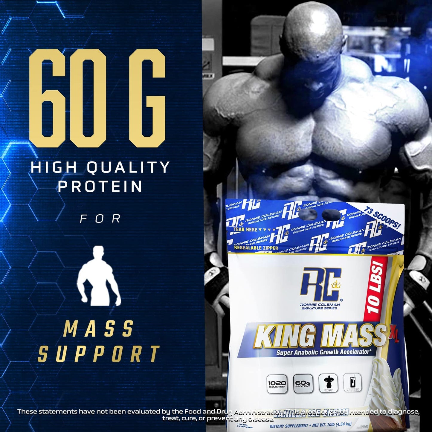 Ronnie Coleman Signature Series King Mass XL Mass Gainer Protein Powder – Dark Chocolate Weight Gainer with 60g Protein, 180g Carbohydrates, 1,000+ Calories, Creatine & Glutamine – 10 Pound