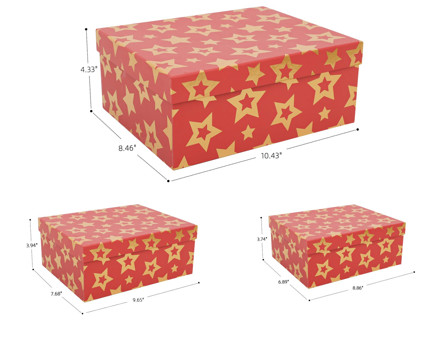 MIZFRUZZY 3-Piece Seasonal Holiday Boxes with Lids for Presents, Red Gold Star, Presentation Wrapping, Cardboard Paper Box for Holiday Parties, Hostess Gifts, Decorative Christmas Box