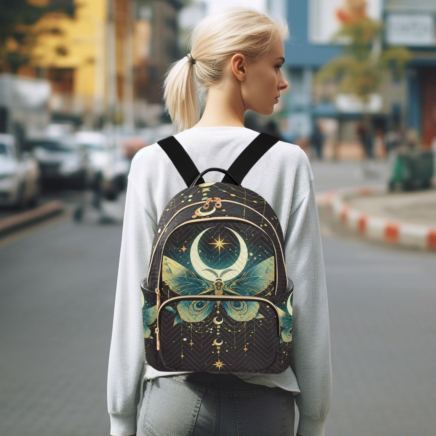 ALAZA Green Butterfly Moon Small Backpack Purse for Women Travel Bag Lightweight Shoulder Bag Fashion Daypack