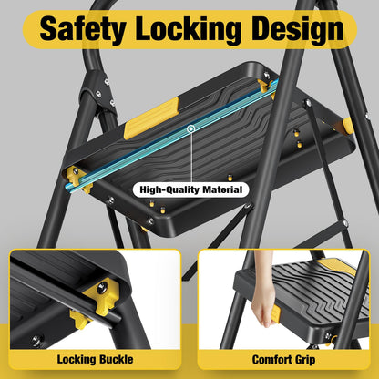 Urackify 4 Step Ladder, Heavy-Duty Pass 800lb Capacity Test, Wide Anti-Slip Steps & Secure Handrail Compact, Folding Step Stool Portable Design for Home, Kitchen, Office, Pantry, Closet Use, Black