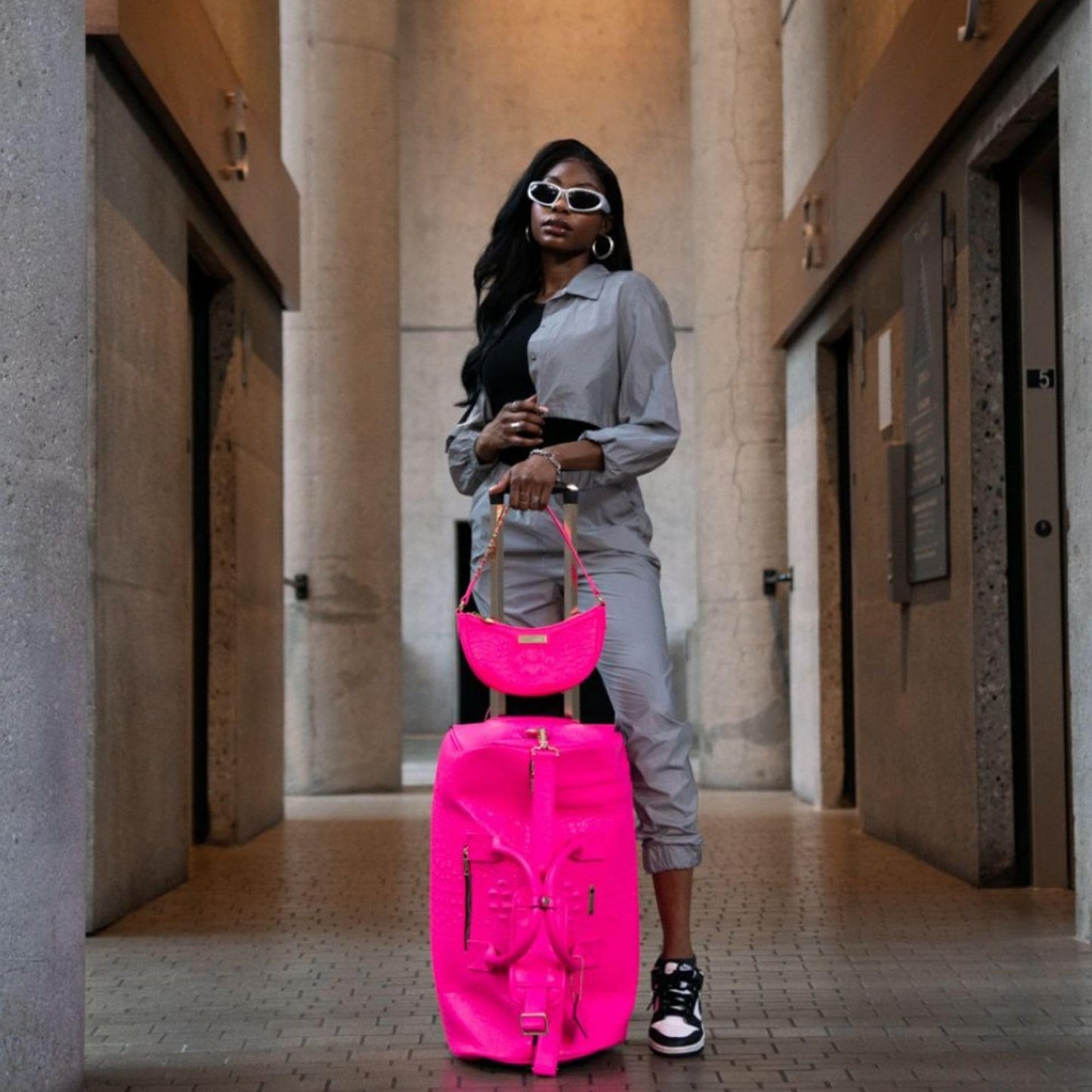 Tote&Carry Apollo 2 Large Rolling Duffle Bag with Wheels, Carry-On Roll Duffel for Travel, Gym, Sports, Daily, Weekend & All-Purpose Use for Men & Women (Crocodile Skin, Neon Pink)
