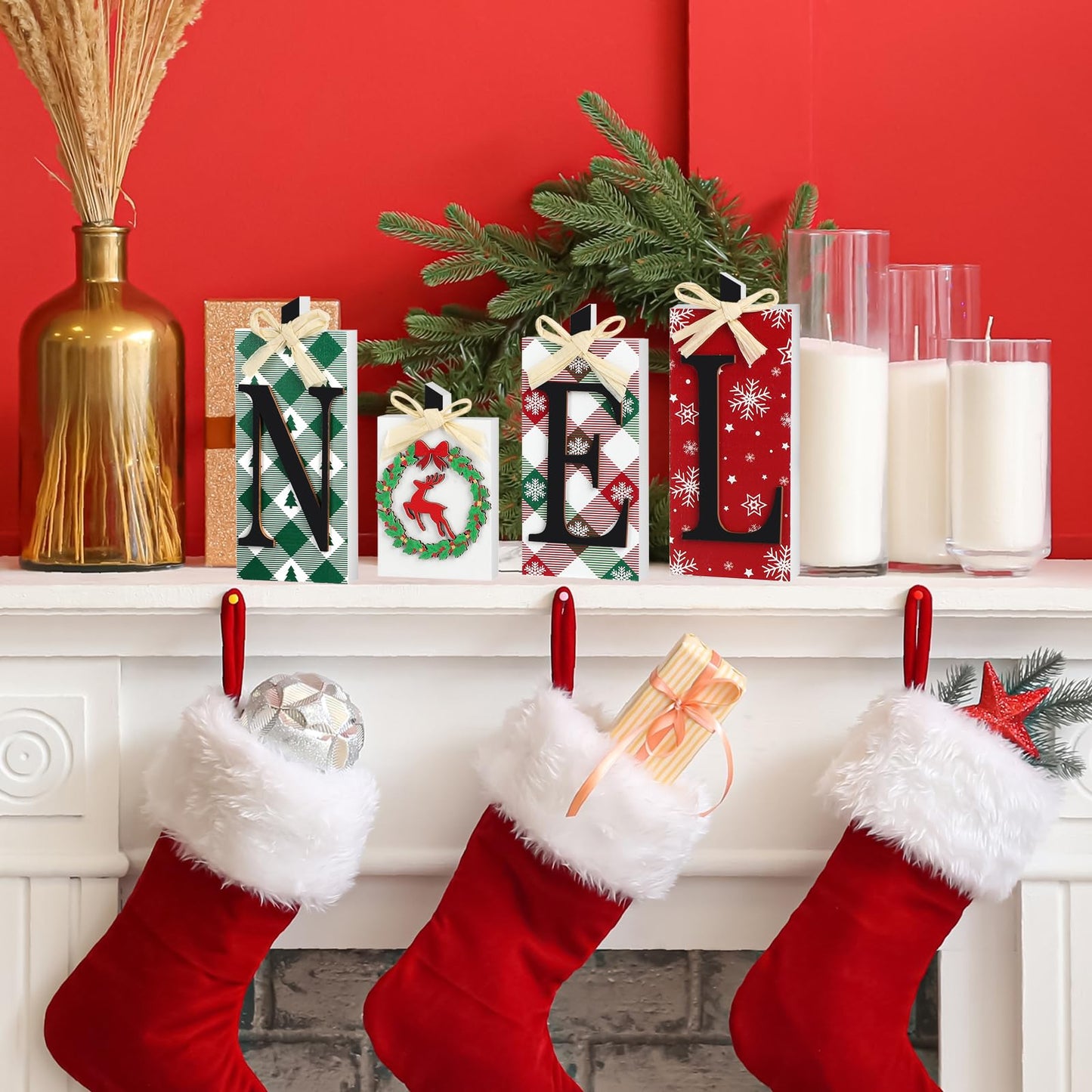 Christmas Wooden Noel Decorations,4Pcs Rustic Christmas Table Sign Decor,Letter Freestanding Xmas Centerpiece Table Tiered Tray Sign for Indoor Party New Year Winter Holiday Home Fireplace