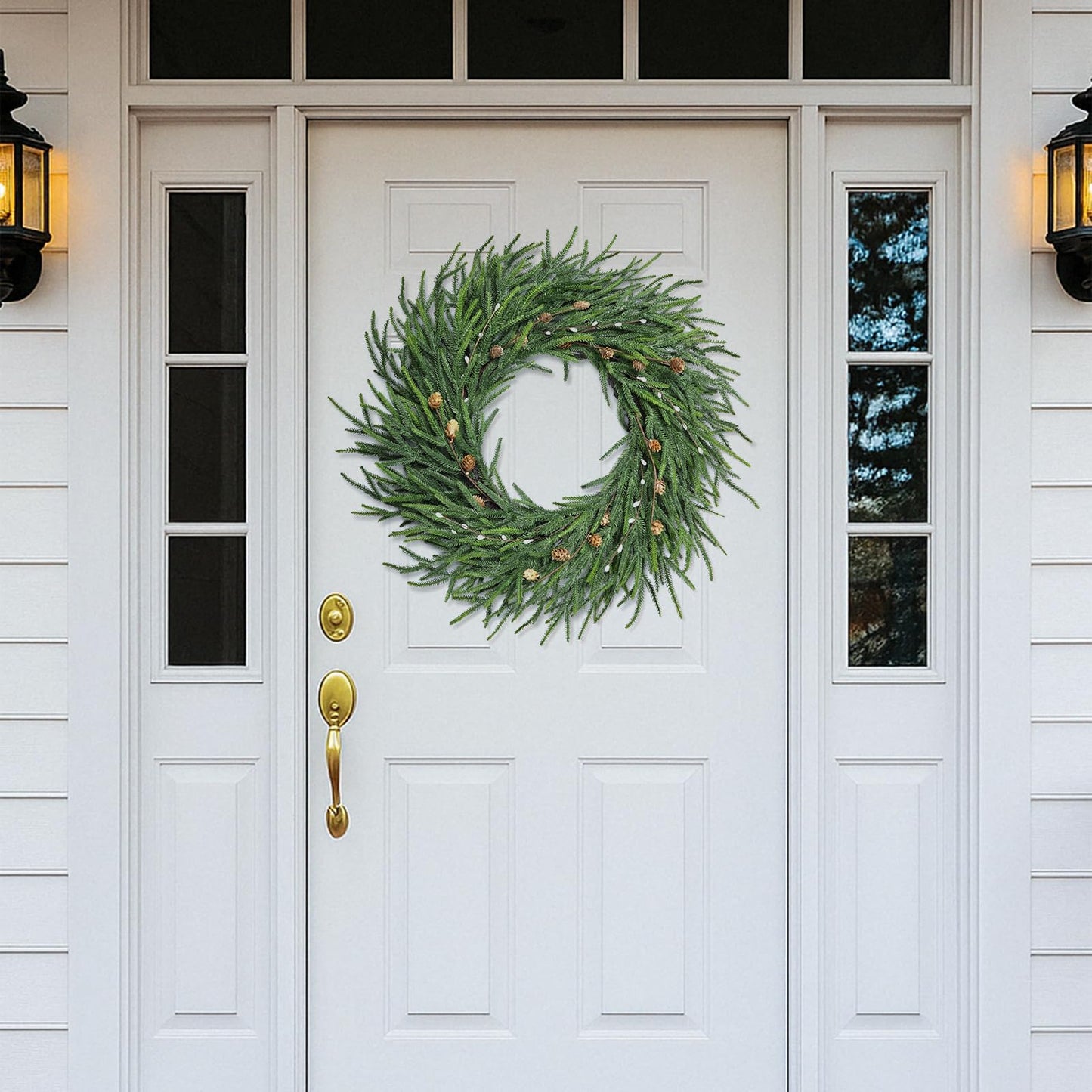 26 Inch Christmas Wreaths for Front Door Christmas Cypress Wreath,Real Touch Pine Wreath with White Berries Artificial Green with Pine Cones for Wall Window Porch