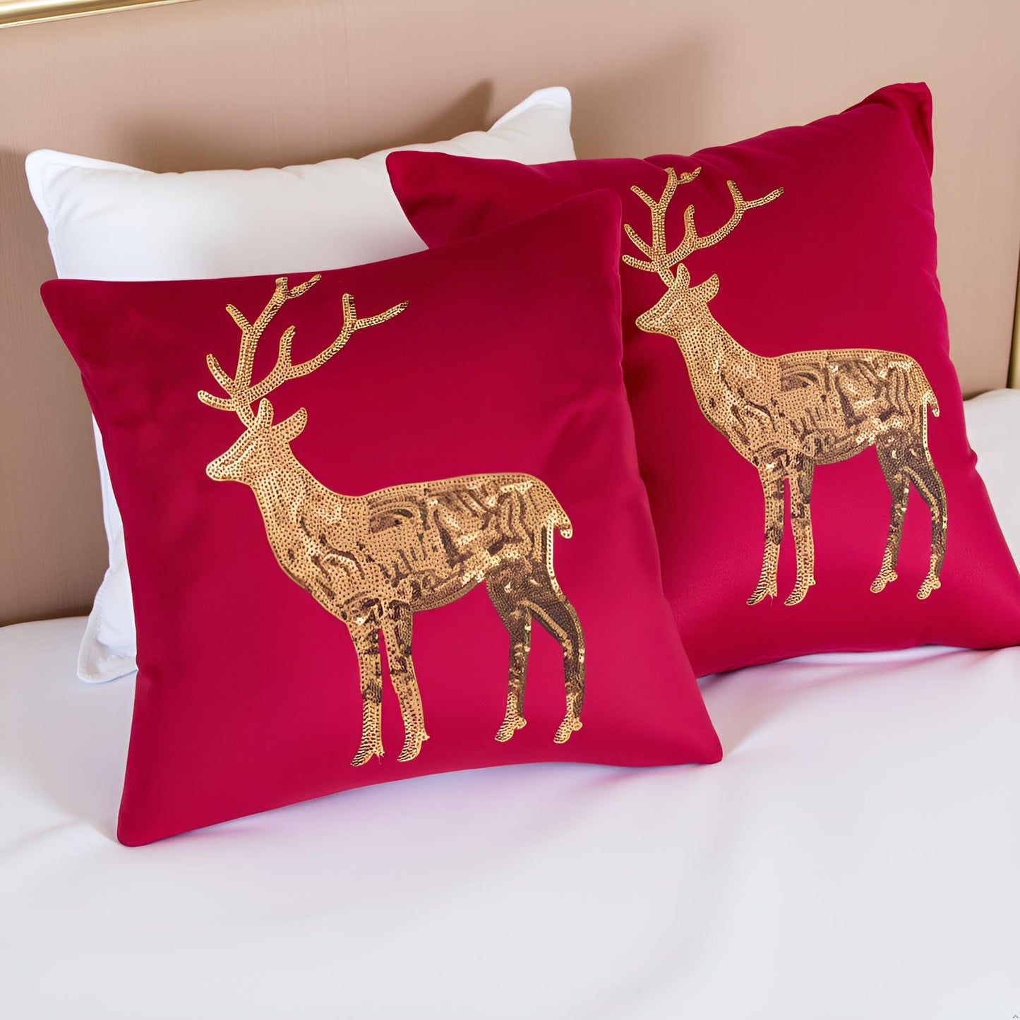 Tosleo Christmas Pillowcases 18 x 18 inch Set of 2 Red Deer Sequins Throw Pillow Cover Xmas Pillow Case Party Decor Winter Holiday Cushion Cases