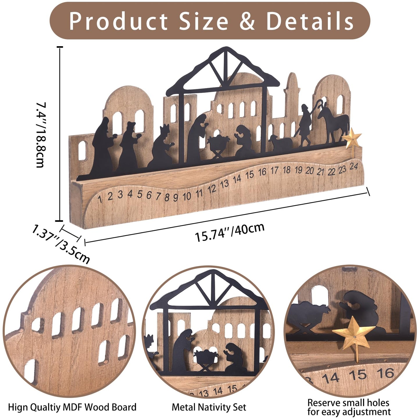 Nativity Sets for Christmas Countdown Calendar, Indoor Rustic Christmas Decor With Wooden Base 3D Design, Xmas Manger Scene for Tabletop Office Shelf Mantel Decoration (Black)