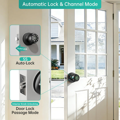 Fingerprint Door Lock - Smart Door Knob, Biometric Door Lock with Keypad Passcode Door Handle for Bedroom Home Office (Black)