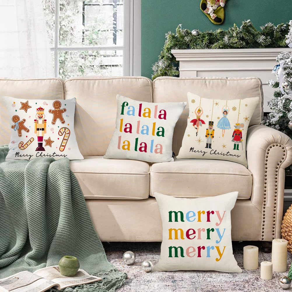 Christmas Pillow Covers 18x18 Inch Set of 4 Nutcracker Christmas Decorations Gold Gingerbread Merry Christmas Throw Pillow Cases Xmas Outdoor Winter Decor Decorative Pillows for Couch Holiday Party