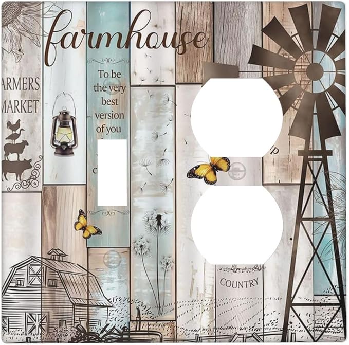 Decorative Light Switch Cover Plate Rustic Farmhouse Colorful Wooden Barn Door 2 Gang Outlet Covers 1 Toggle 1 Duplex Wall Plate Decorate Electrical Switch Plate Covers for Kitchen Home Decor