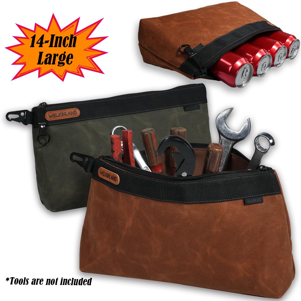WELKINLAND 2-Pack Heavy-Duty Waxed Canvas Tool Pouches, 14-Inch Zippered Tool Organizer Pouches with Water-Resistant Coating and Durable Canvas Construction