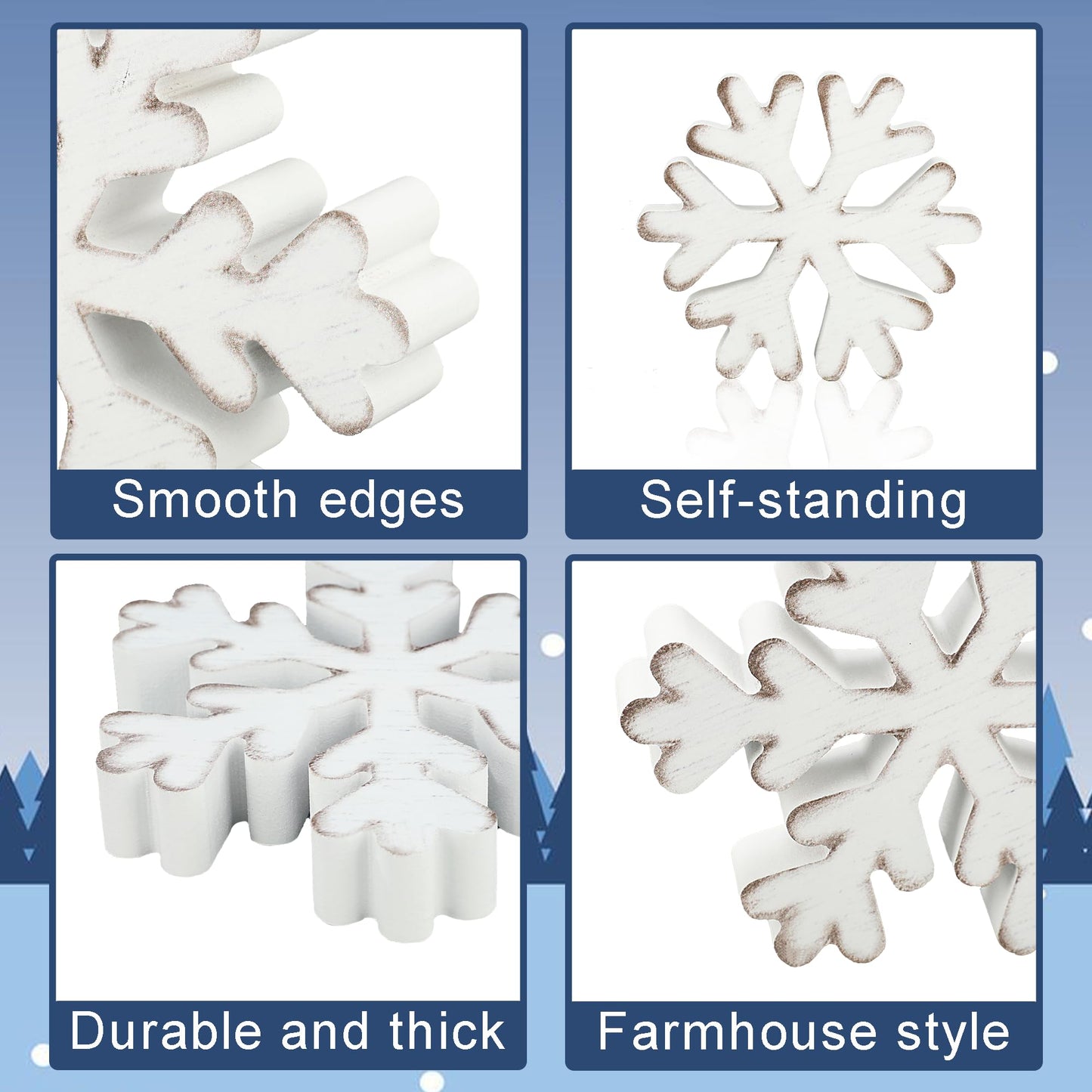 3 Pcs Winter Snowflake Wooden Table Sign Christmas Snowflake Wood Blocks Centerpiece Rustic Farmhouse White Snowflakes Tabletop Decorations for Winter Xmas Wonderland Tiered Tray Home Shelf Decor