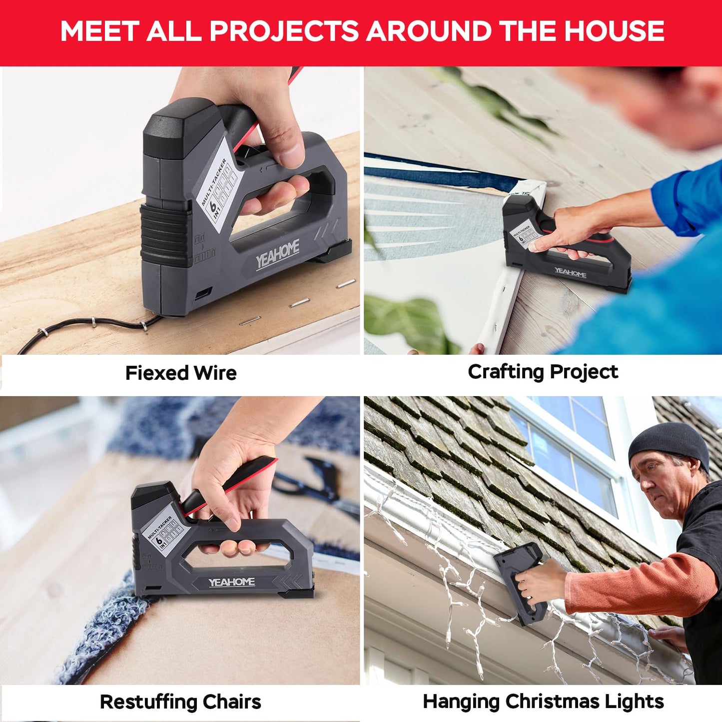YEAHOME 6-in-1 Staple Gun Heavy Duty, Upholstery Manual Brad Nailer Power Adjustment Stapler Gun with 5000 Staples for Fixing Material, Wood, Crafts, Carpentry, Decoration DIY