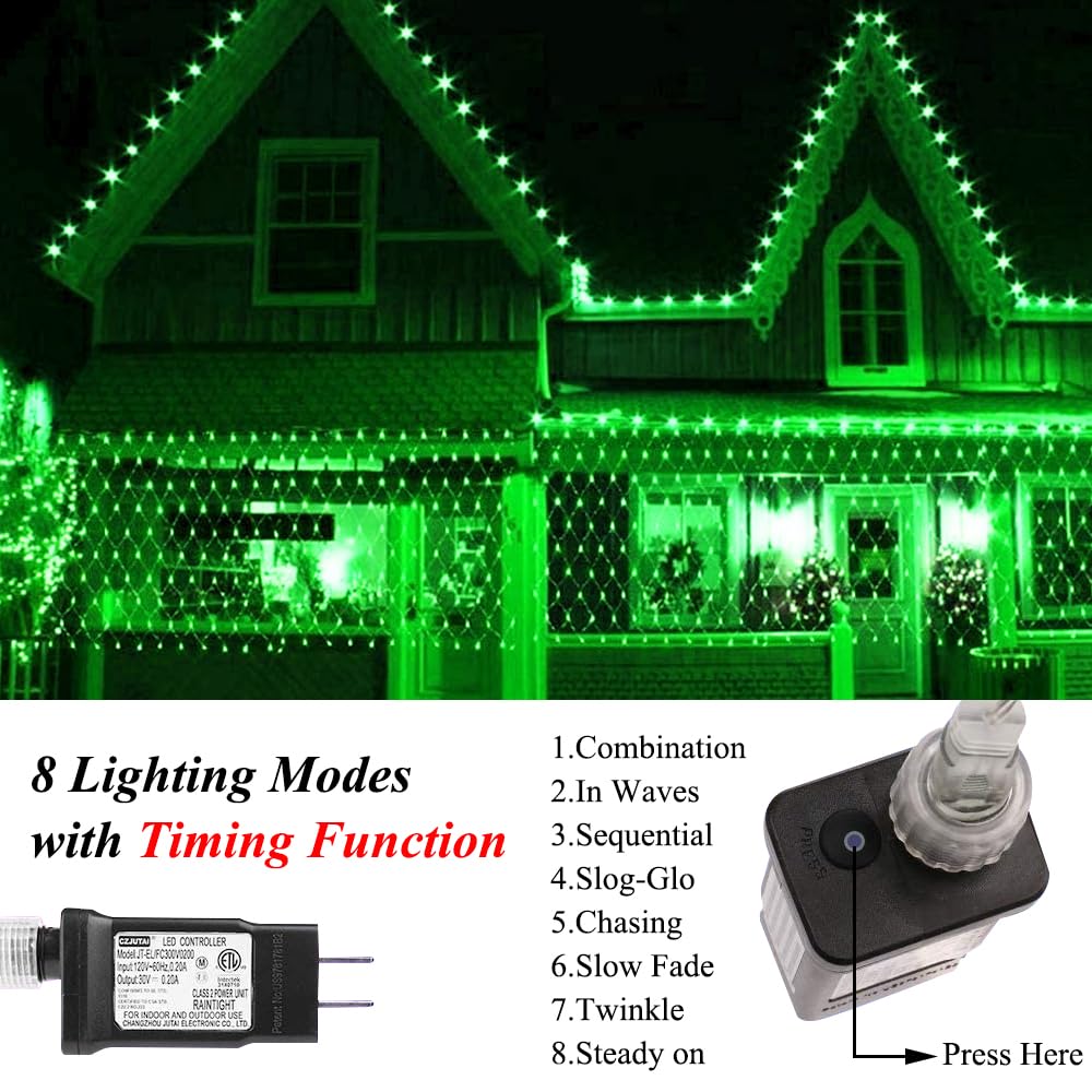 Vicila LED Net Lights Mesh Lights Green St. Patrick's Day Decor, 240LED Timer Tree Warp Fairy Lights Outdoor Hanging String Light for Christmas, Garden, Walkway, Bushes Decor-9.8ft x 6.6ft(Green)
