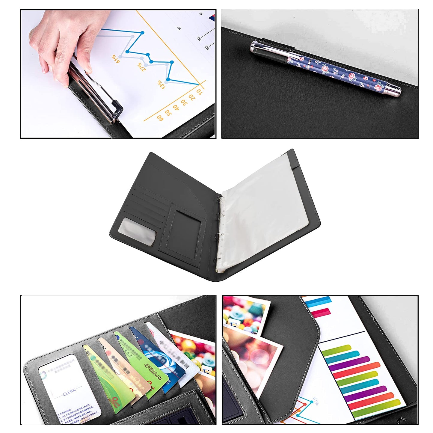 Enyuwlcm PU Leather Padfolio Ring Binder with Clipboard Resume Leather Portfolio with 20 Clear Plastic Sleeves Black