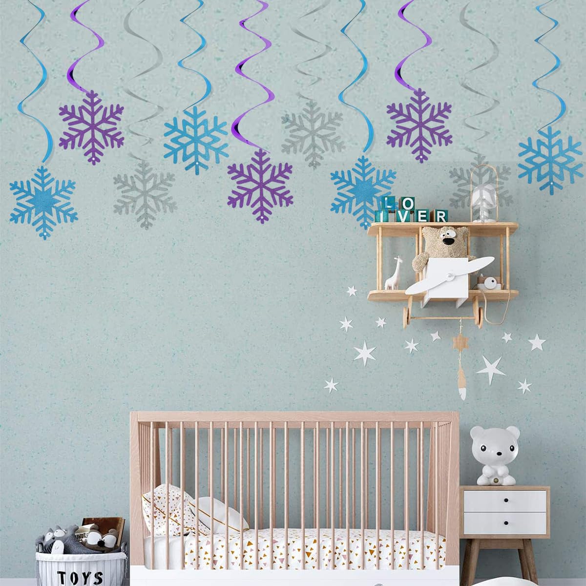 30PCS Frozen Snowflake Hanging Swirl Decorations, Winter Snowflakes Ceiling Streamers Sparkly Snow Decor for Birthday Party Christmas Winter Wonderland, Glitter Purple Blue Sliver Snowflakes Garland