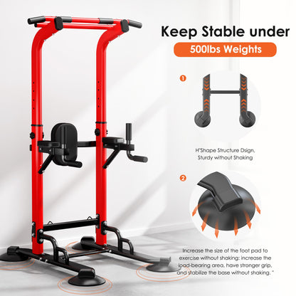 SogesPower Power Tower Pull Up Bar Station, 12-Level Adjustable Multi-Function Pull Up Dip Station for Home Gym, Pull Up Bar Stand Dip Bar Strength Training Fitness Equipment, Red with Resistance Bands