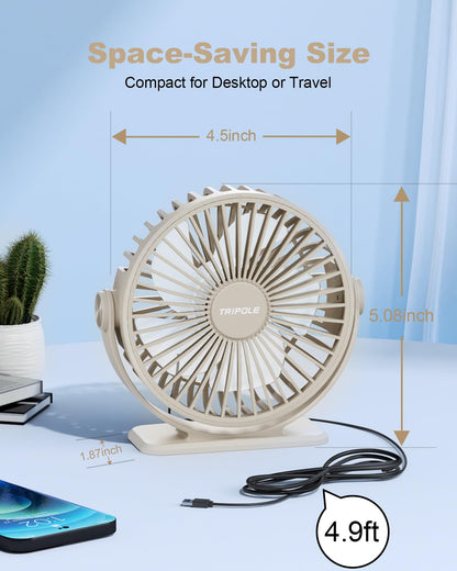 TriPole USB Desk Fan Small Portable Personal Fan, 3 Speeds Adjustable Strong Breeze Mini Electric Fan, 360° Rotation Quiet Plug In USB Fan for Desktop Bedroom Office Table Travel Cruise, Beige, 4.5in