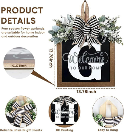 Ultra Large 14'' Last Name All Year Round Front Door Wreath with 26 Initial Letter Welcome Sign All Seasons Eucalyptus Garland and Bow Wreaths for Front Door Porch Farmhouse Decoration (G)