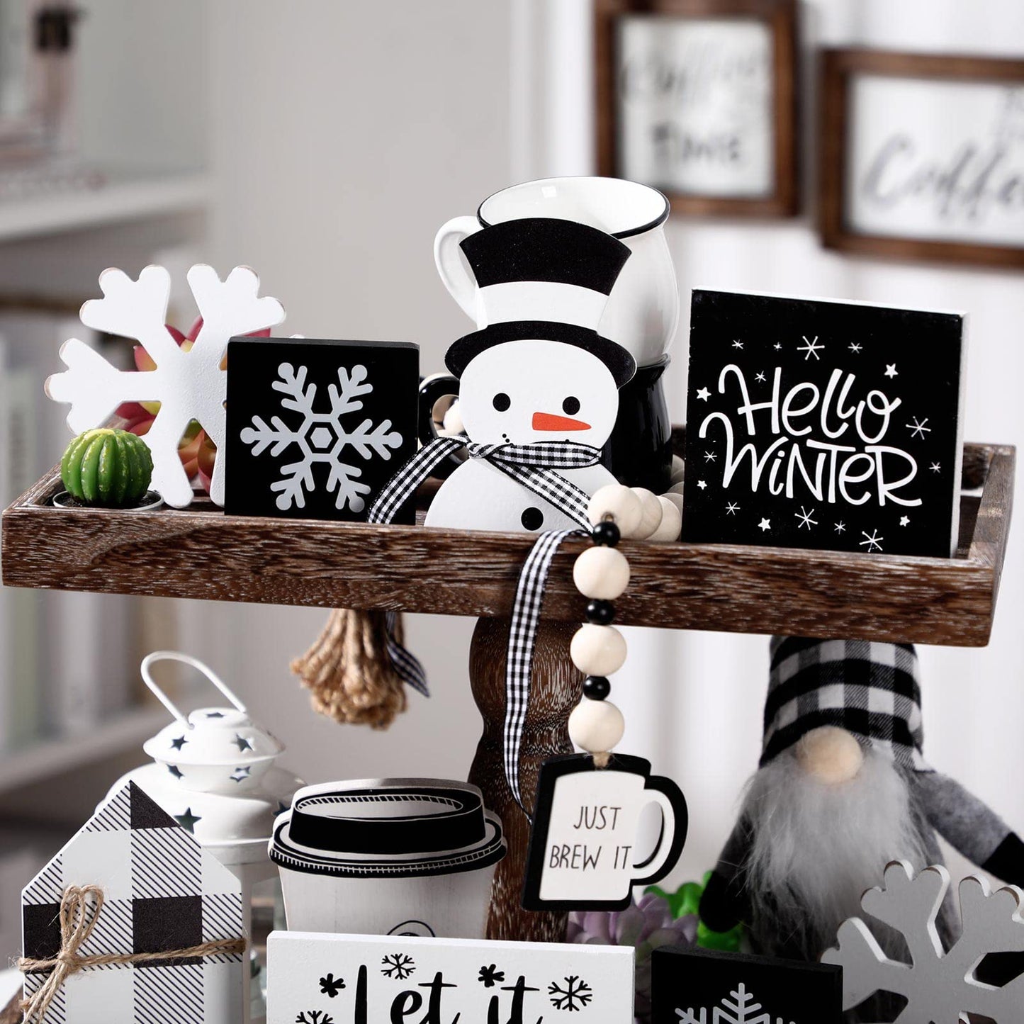 Sawysine 8 Pieces Winter Tiered Tray Decor, Let It Snow Sign Decor Farmhouse Snowflake Wooden Signs for Holiday Shelf Kitchen Coffee Bar(Black, White)