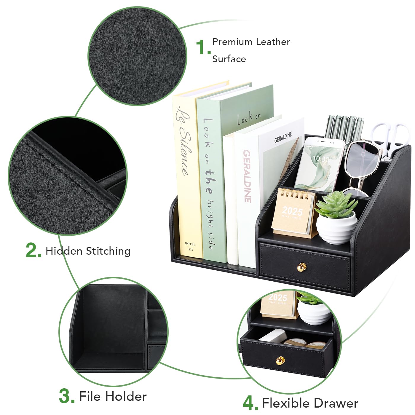 GORESE PU Leather Desk Organizer, File Organizer with Drawer and 4 Compartments, Desktop Organization with Magazine file Holder for Office Supplies, Elegant Gift for Men Who Have Everything, Black