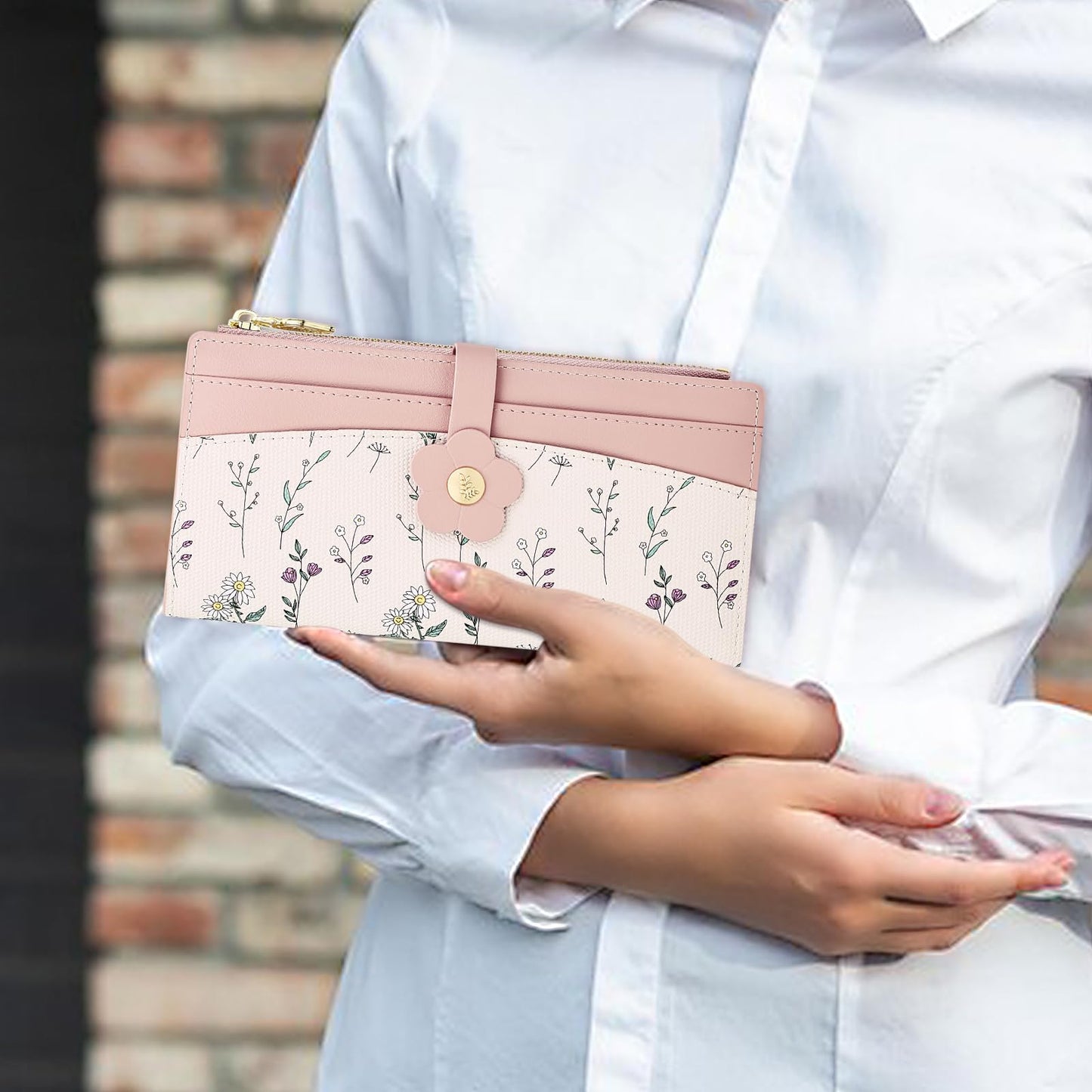Farcauo Long Floral Womens Wallet Cute Wallets for Women Pink Women's Wallet Kawaii Flower Card Wallets for Women Ladies