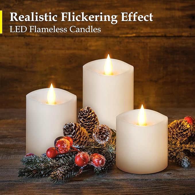 White Flameless Candles Set of 3 | 3 Diameter Realistic Flickering Pillars Candles (3/4/5 Heights) - Battery Operated with Remote Timer, Indoor/Outdoor Decor for Weddings, Fall & Cozy Home