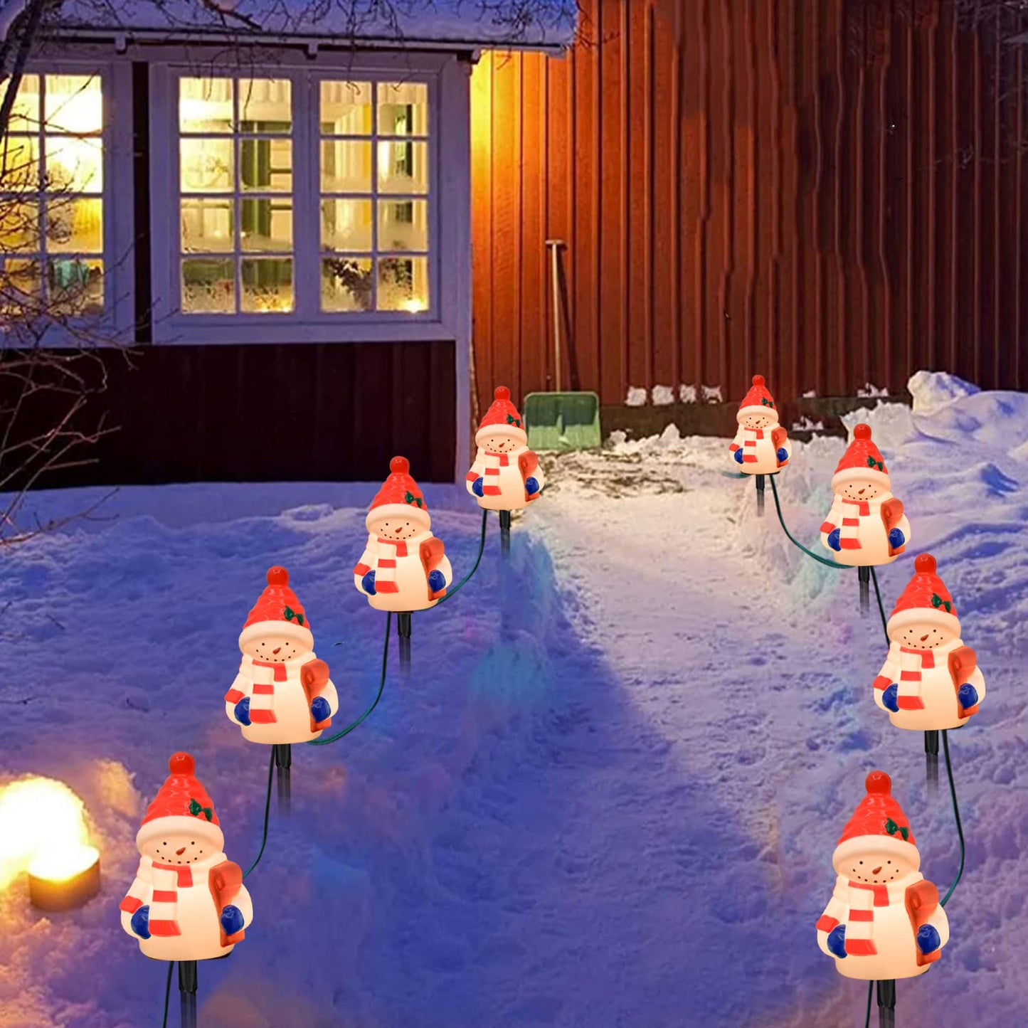 Christmas Snowman Pathway Stakes Lights 7Ft C7 Outdoor Landscape String Light with 4 Snowman Driveway Markers(E12 Base 5w) for Patio Yard Garden Lawn Decoration 1 Pack, White