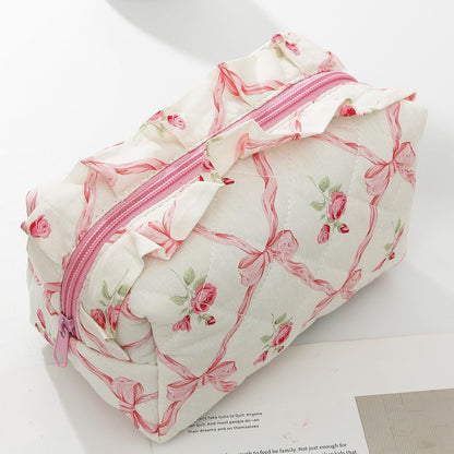 Cute Makeup Bag Travel Cosmetic Bag for Women,Small Floral Organizer Toiletry Bag Make Up Bags,Coquette Aesthetic Bowknot Toiletry Bag,Soft Cotton Cloth Travel Toiletry Bag (04 Pink Bow Flower)