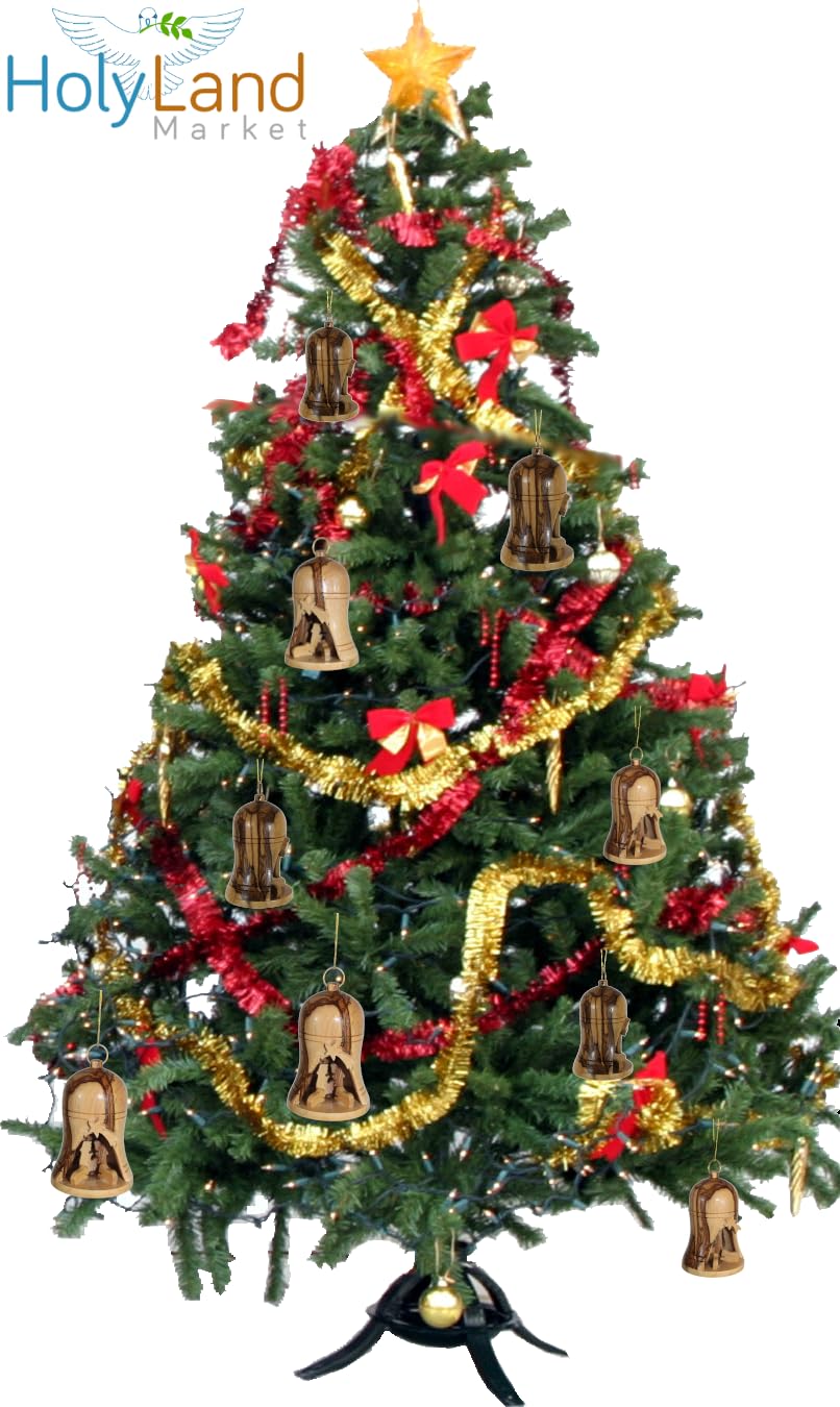 Holy Land Market Olive Wood Nativity Ornament - Large Bell with Nativity Scene, Handmade Christmas Decoration from Bethlehem (4", 1)