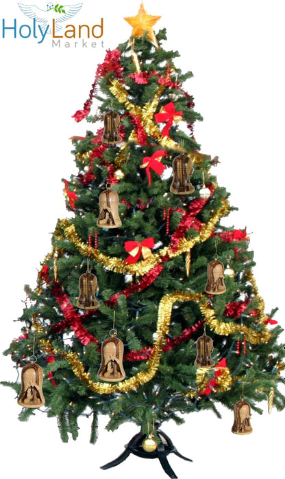 Holy Land Market Olive Wood Nativity Ornament - Large Bell with Nativity Scene, Handmade Christmas Decoration from Bethlehem (4", 1)