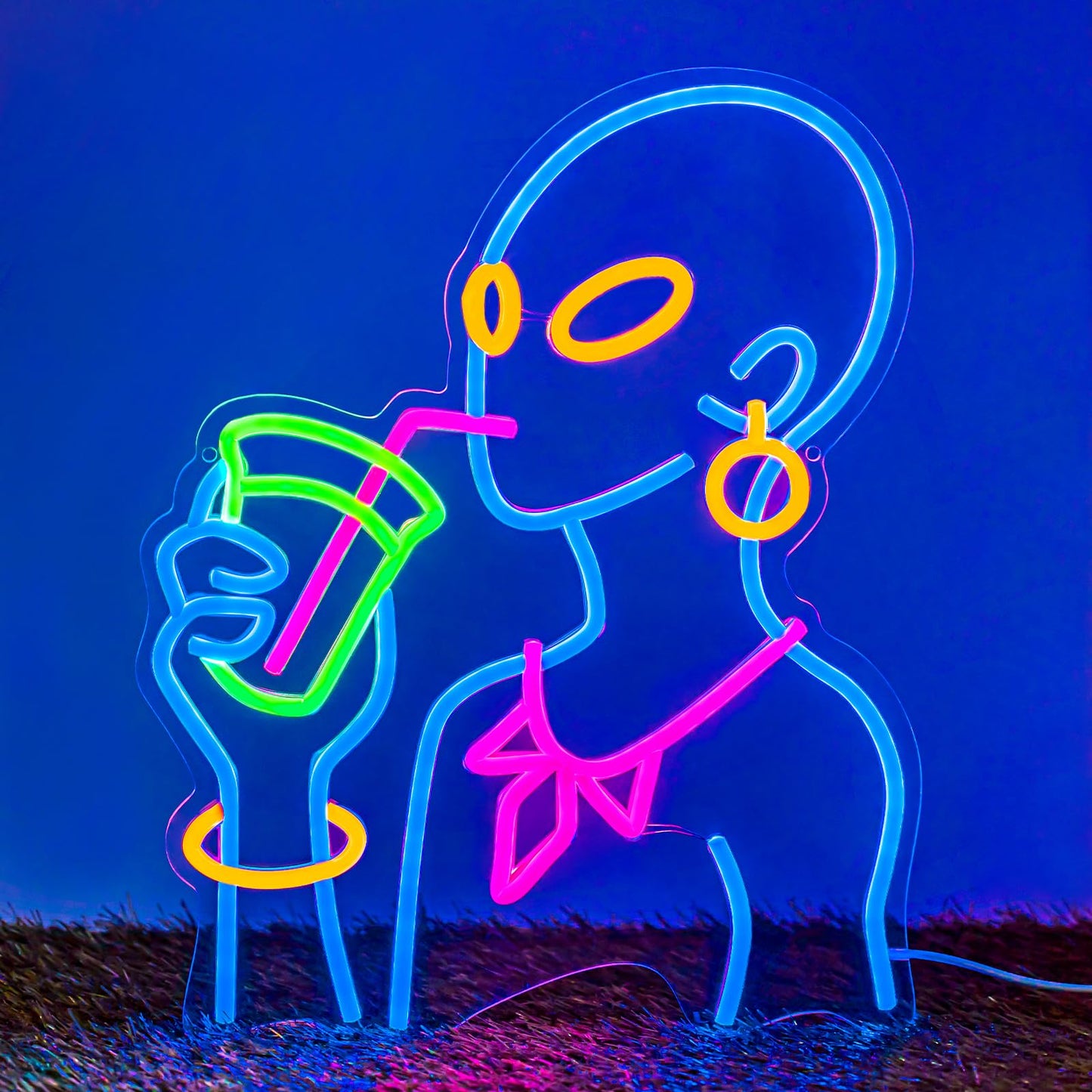Drinking Neon Signs for Wall Decor, Boho Figure LED Wall Art for Home Bar Decor, USB Dimmable Neon Lights, Housewarming, Birthday, Christmas Gift (Alien Blue)