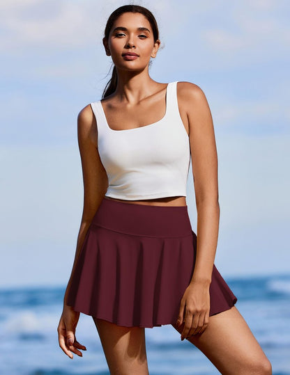 PINSPARK Tennis Skirts for Women High Waisted Athletic Golf Skorts with Pockets Shorts Quick Dry Pickleball Skirt, Red Merlot XL