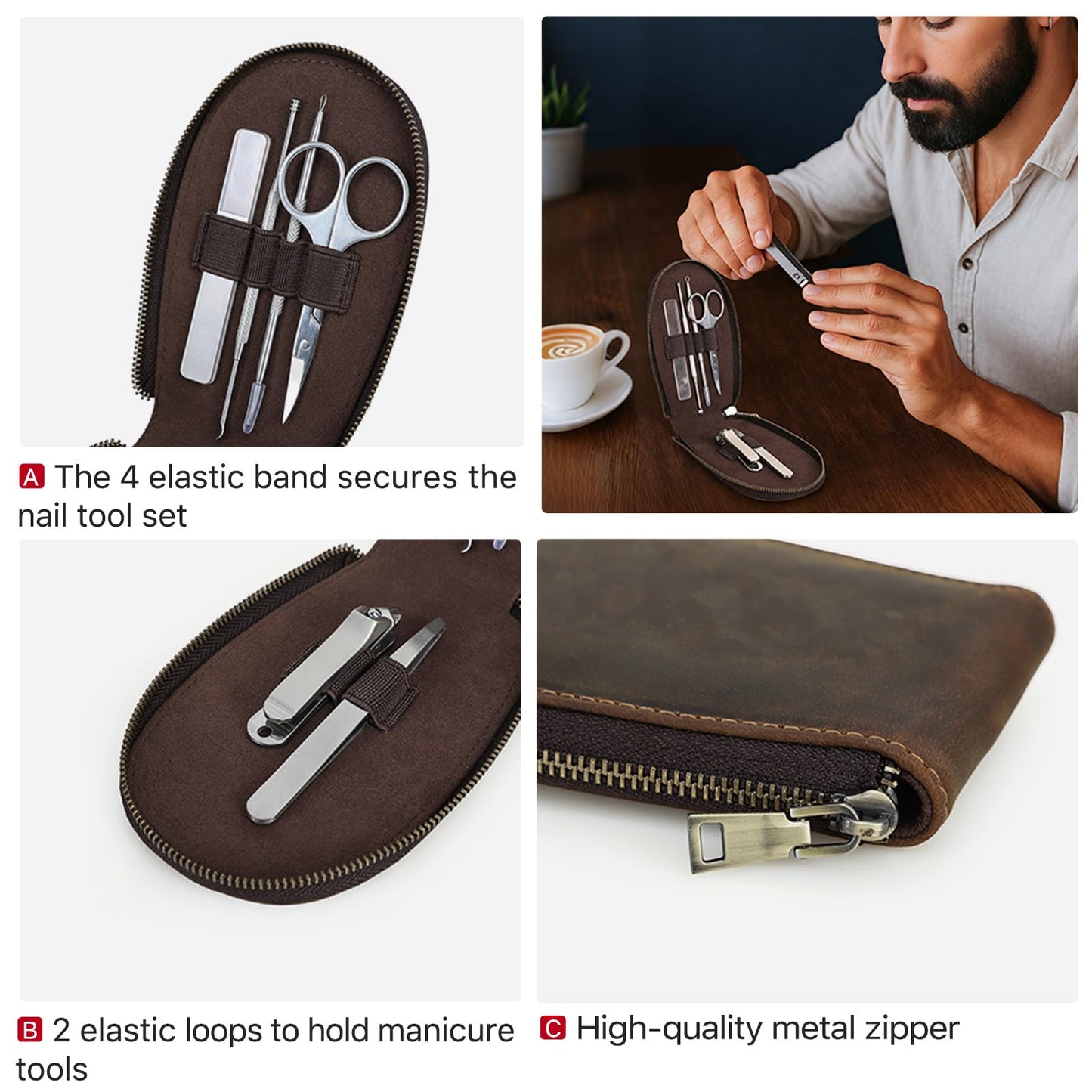 Hiram Handmade Leather Manicure Set Case 6 Slot Nail Tool Organizer Pouch with Elastic Bands & Loops Oil Nubuck Cowhide Travel Case for Grooming Kits Soft Leather Zip Closure