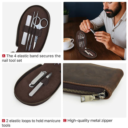 Hiram Handmade Leather Manicure Set Case 6 Slot Nail Tool Organizer Pouch with Elastic Bands & Loops Oil Nubuck Cowhide Travel Case for Grooming Kits Soft Leather Zip Closure