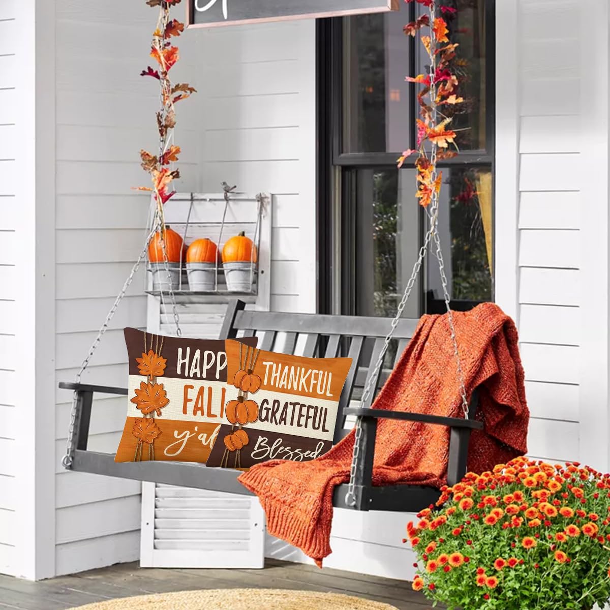 PSDWETS Throw Pillow Covers 18x18 Set of 4 for Fall Decor,Fall Decorations Maple Leaves Pumpkin Farmhouse Autumn Thanksgiving Cushion Cover for Home Sofa Couch