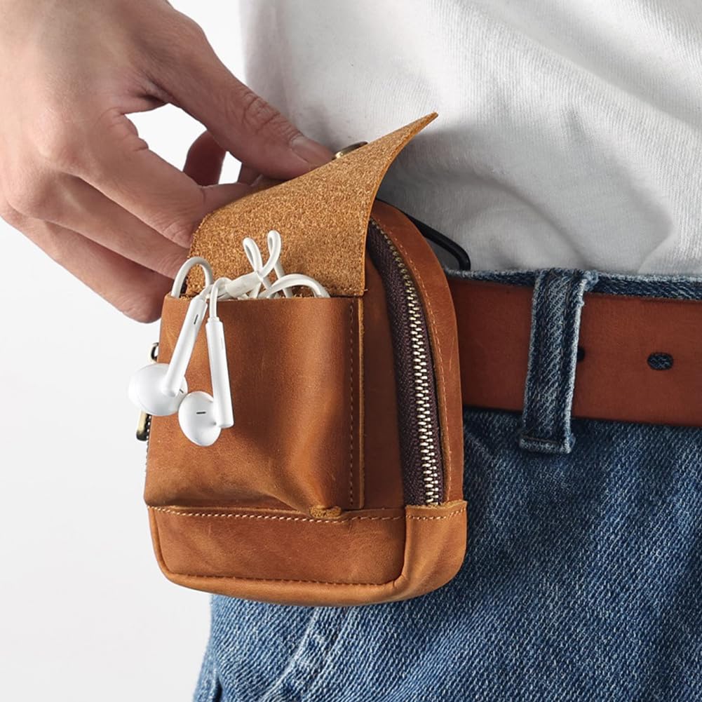 Genuine Leather Mini Backpack Keychain Medieval Pouch Coin Organizer Change Holder Zipper Pouch for Men Women Brown (Brown)