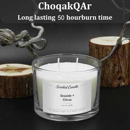 Premium 3-Wick Scented Candle 420g, Jar Aromatherapy Candle Birthday Gifts for Men and Women, Long Lasting 50H, Soy Wax Natural Essential Oil Blend for Home Office Spa (Seaside+Citrus)