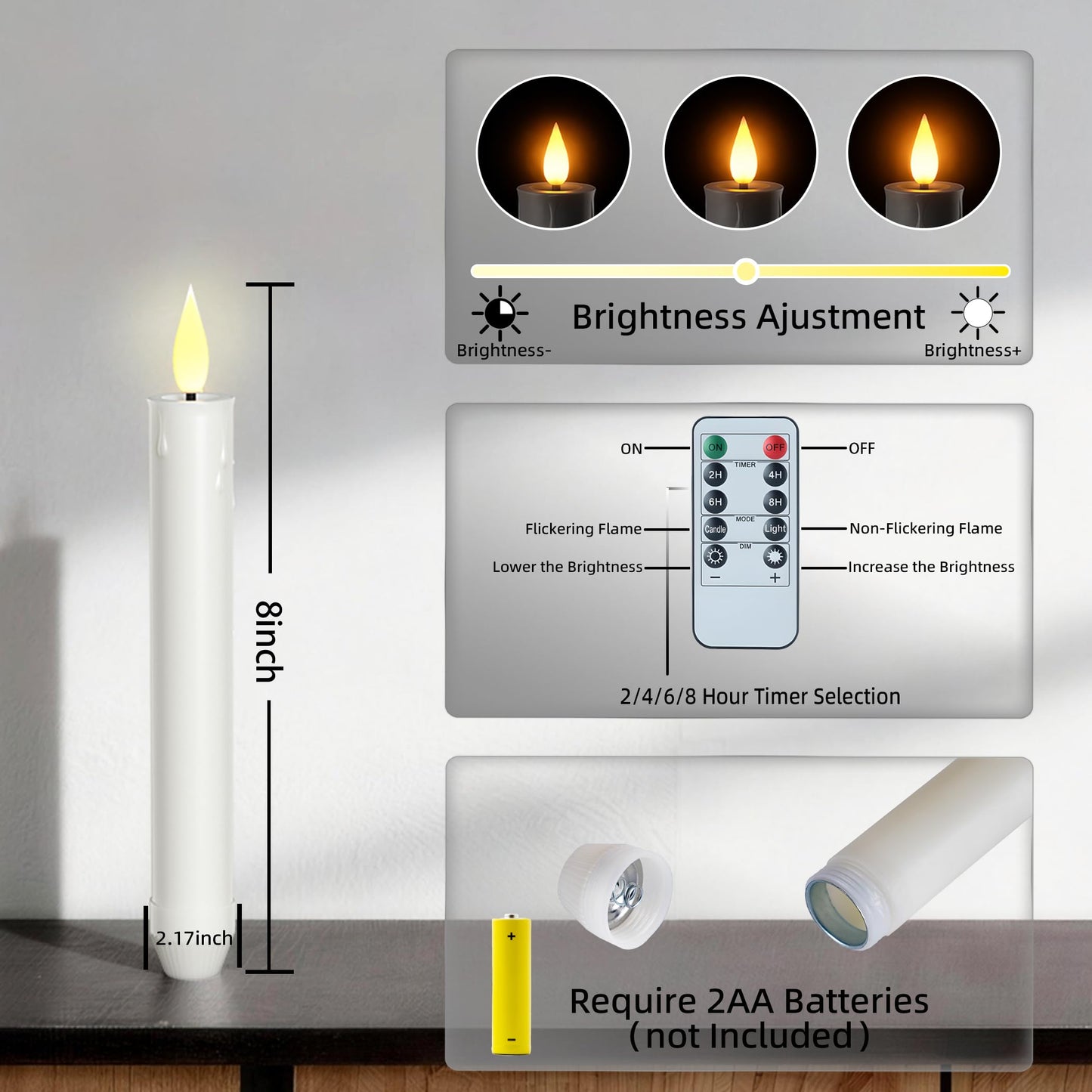 Prerish 6 PCS Flameless Taper Candles with Remote and Timer – 8 Inches Ivory Battery Operated LED CandleSticks with Flickering Light, Plastic Electric Window Candles, Christmas Home Halloween Decor