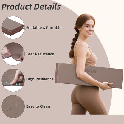 Foldable Yoga Mat,74"Lx32"Wx1/3"Thick,Folding Exercise Mat,Non-slip Wide Pilates Mats for Home Workout/Travel, Portable Yoga Mat Thick for Yoga/Pilates/Camping/Floor Exercises (Brown)