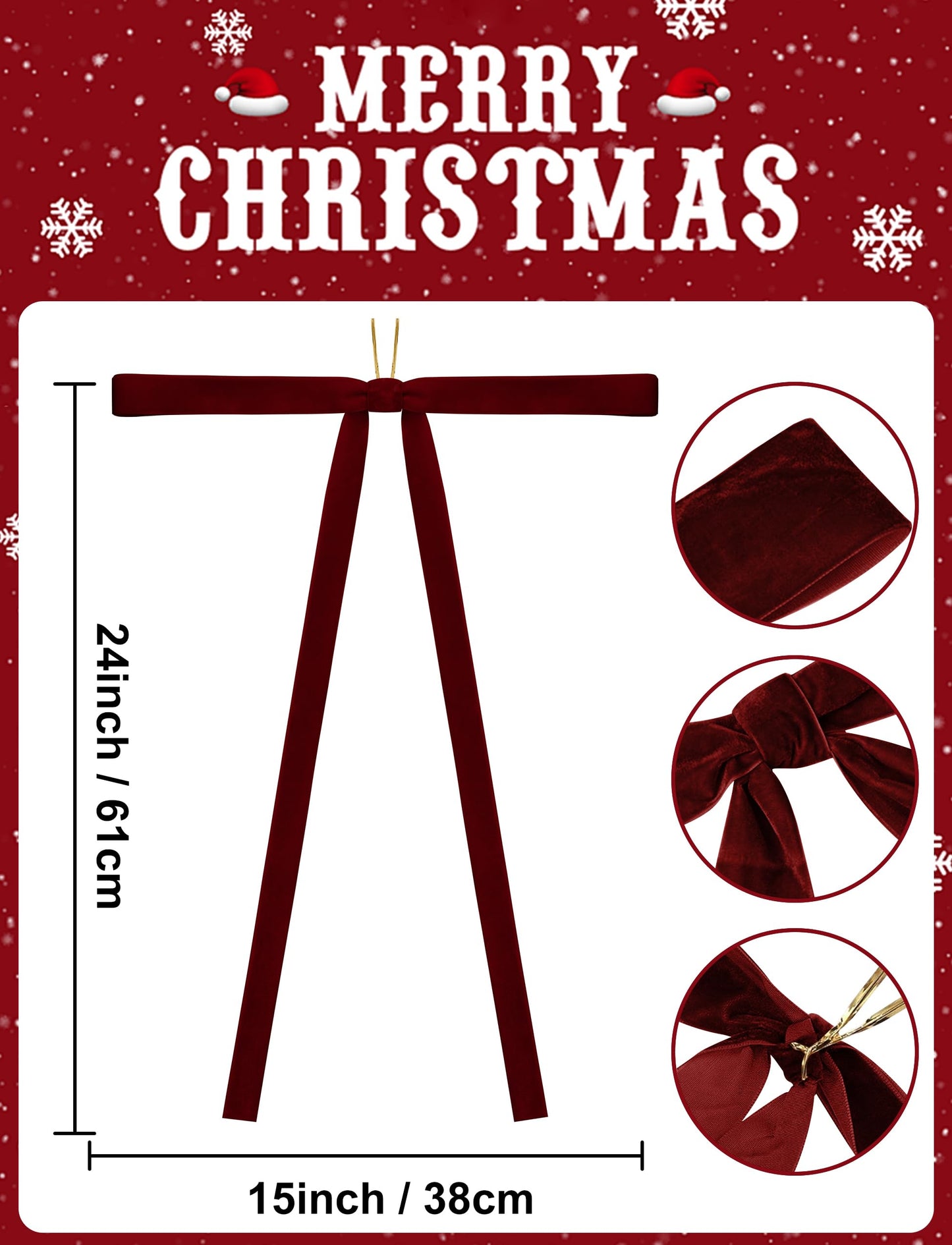 SIMISI RIBBON Burgundy Long Velvet Bows Ornaments for Christmas Tree, Wreath, Garland, Swag, Staircase, Fireplace, Door (15 * 24 inch, 6 Pieces)