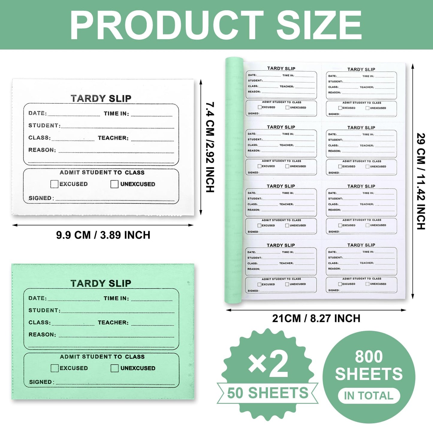 Engrowtic 800 Pcs Tardy Slip Book with Carbonless Duplicates 3.5 x 4.3 Inch Tardy Slips Per Book Form Register Copy Notebook for Student Late Arrivals Easy Removal Fold and Tear(Green and White)