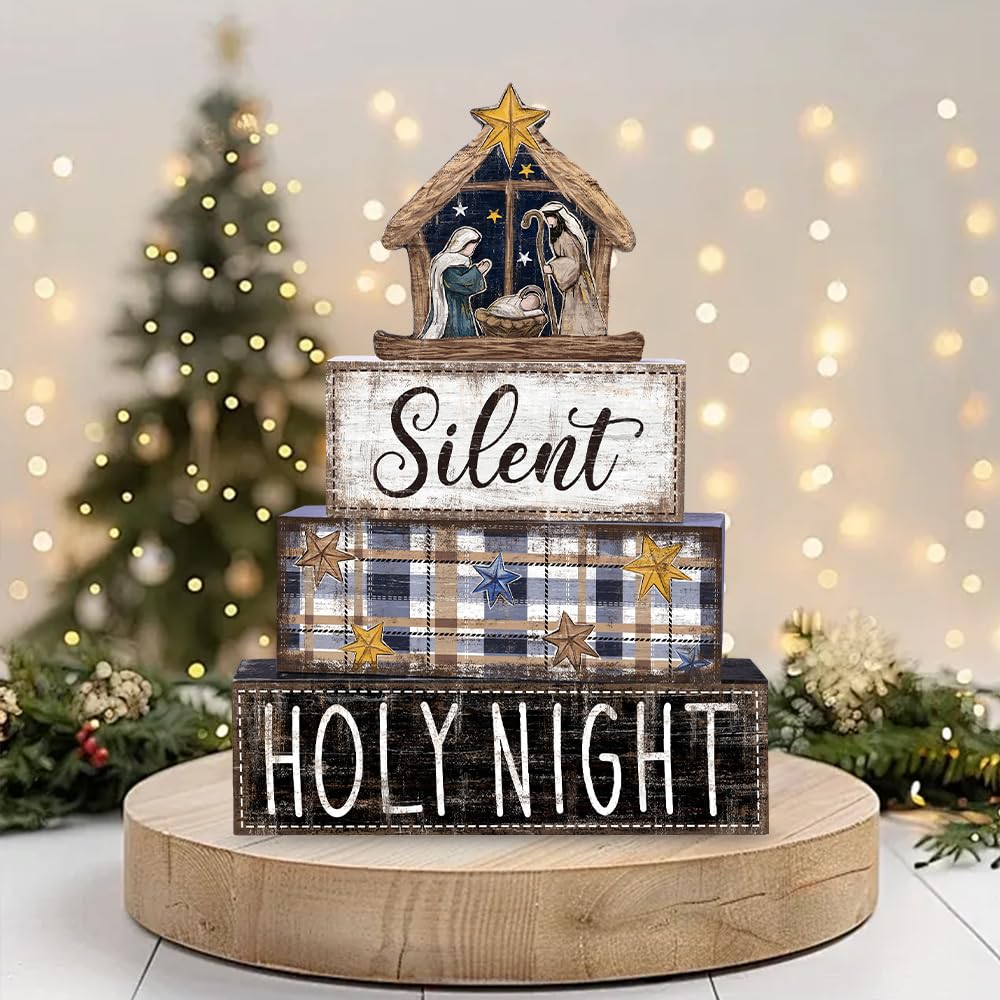 DIYDEC 4Pcs Christmas Table Decoration Christmas Jesus Wooden Block Sign Xmas Tiered Tray Decor Winter Centerpiece Decorative Sign for Holiday Tabletop Coffee Fireplace Shelf Desk Party Decor