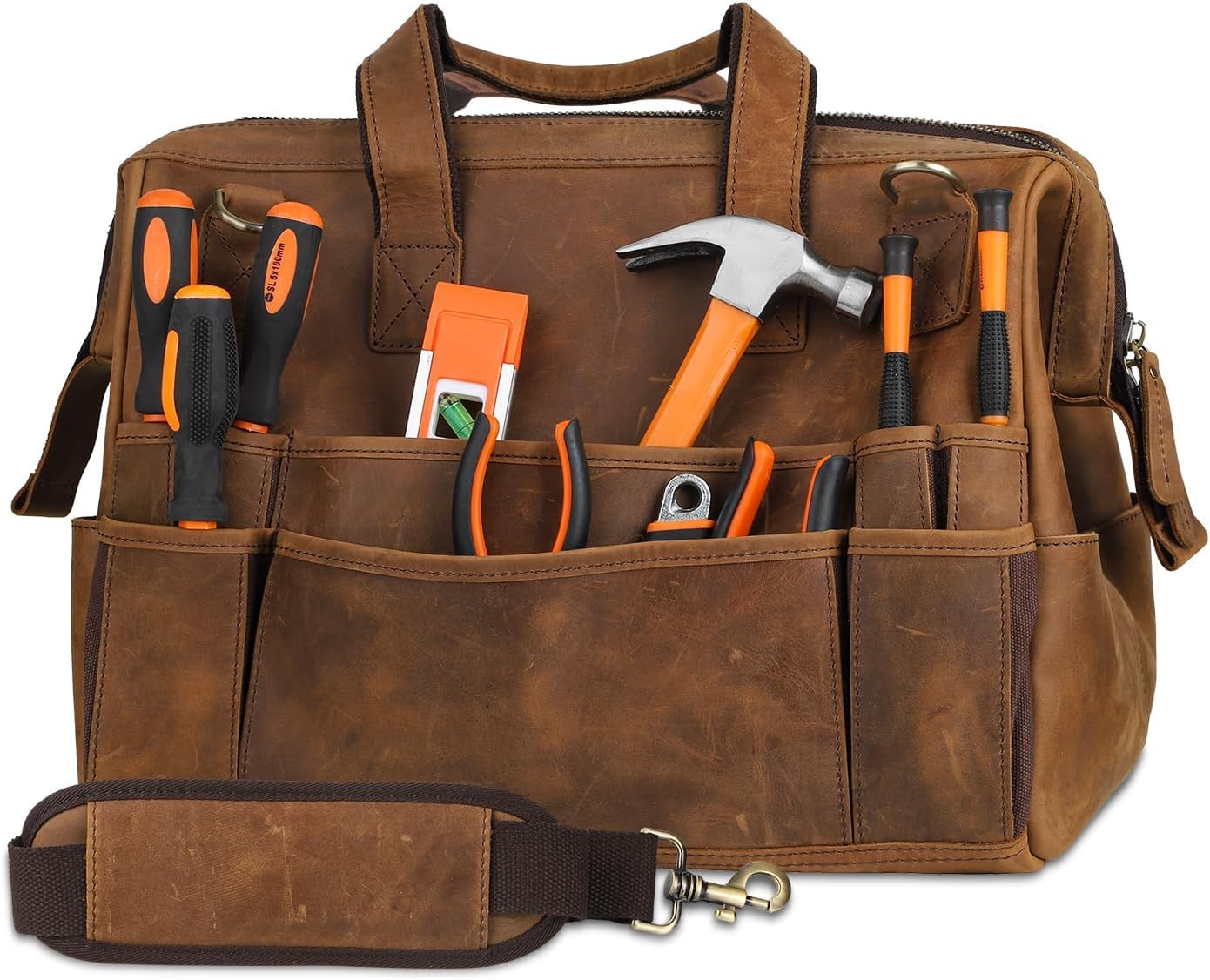 Leather Tool Bag Wide Mouth Tool Storage Bag for Hand Tools 16 inch Tool Tote Bag, Gardening, Outdoorsmen, Heavy Duty Organizer Electrician Tool Bag
