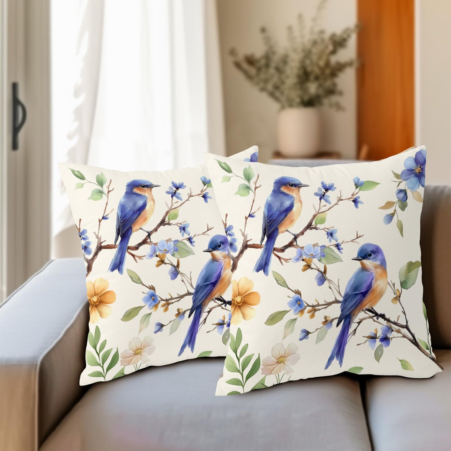 Spring Summer Pillow Covers 24x24 Inch Set of 2 Blue Floral Bird Decorative Outdoor Throw Pillows Yellow Green Flower Pillowcases Cotton Linen Cushion Cover for Sofa Bed Couch Home Decor