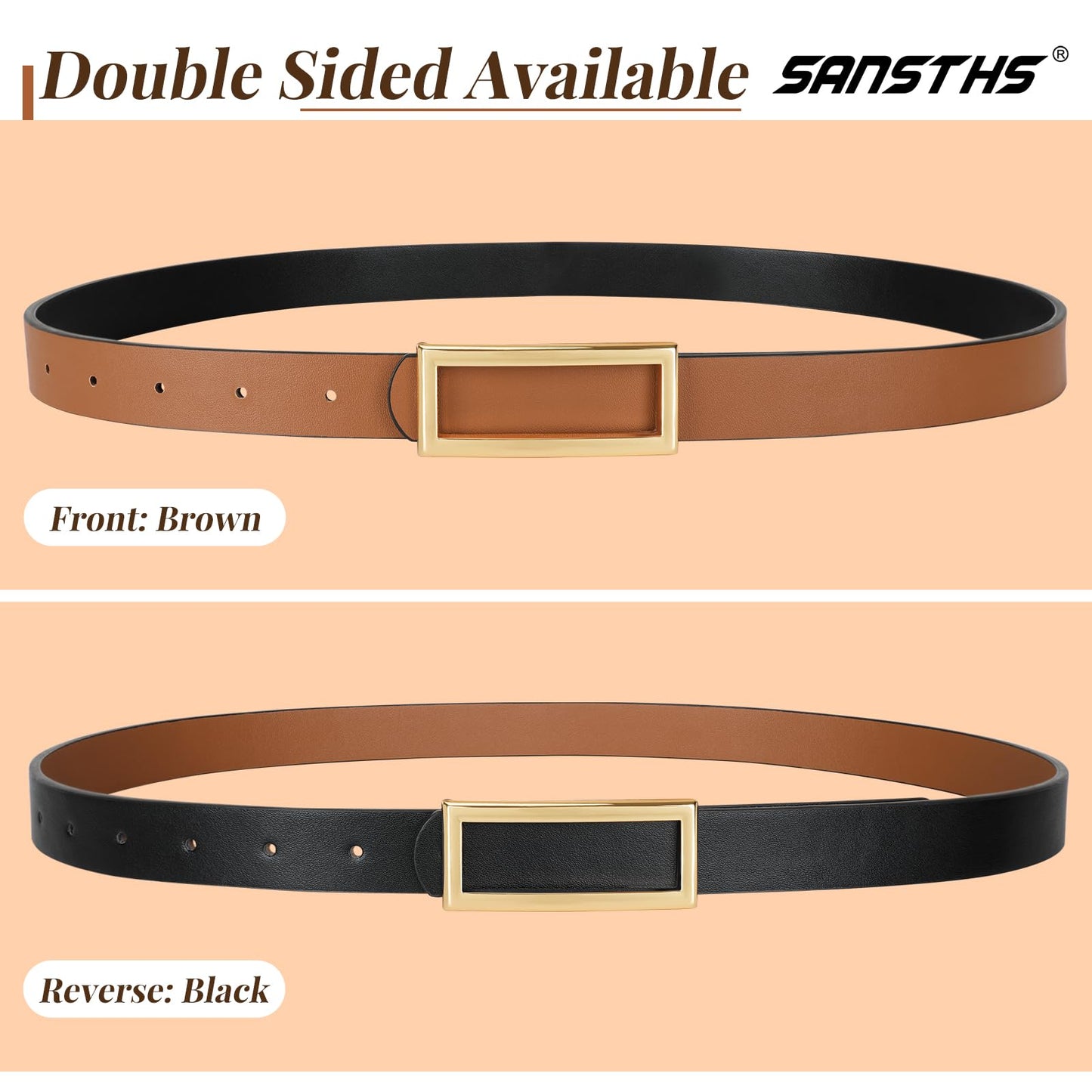 SANSTHS Skinny Reversible Belts for Women, Two-in-one Women Thin Belt for Dresses Jeans Pants with Gold Buckle, Black/Brown XS